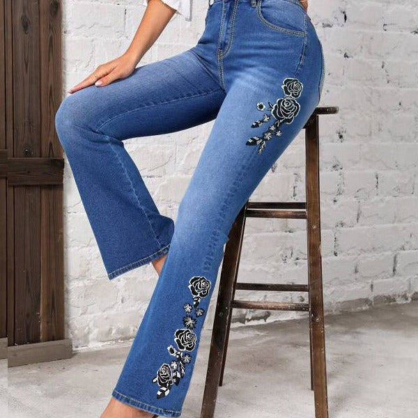 Heidi-Mode | Bestickte Jeans mit Weiten Beinen Retro Bluebell Stil