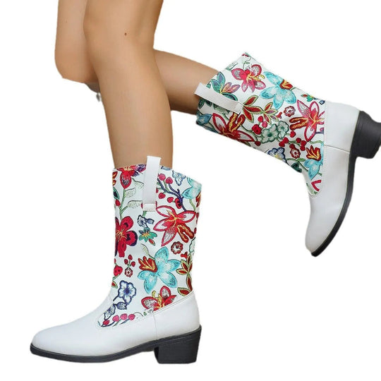 Heidi-Mode | Mittelhoch Stiefel mit gestickten Blumen und runder Spitze
