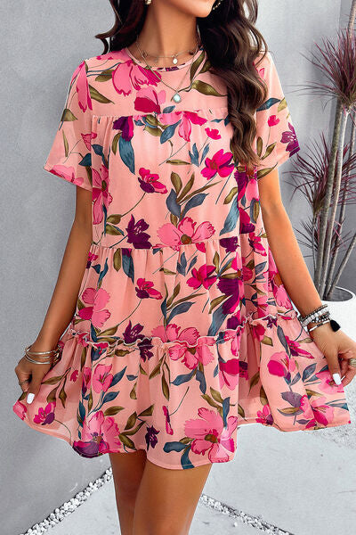 Heidi-Mode | Gedrucktes Gestuftes Rundhals-Minikleid