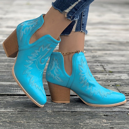 Heidi-Mode | Damen Westernstiefel mit Blockabsatz und Retro-Stickerei