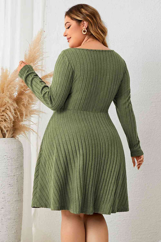 Heidi-Mode | Plus Size Herzausschnitt Langarm Rippkleid
