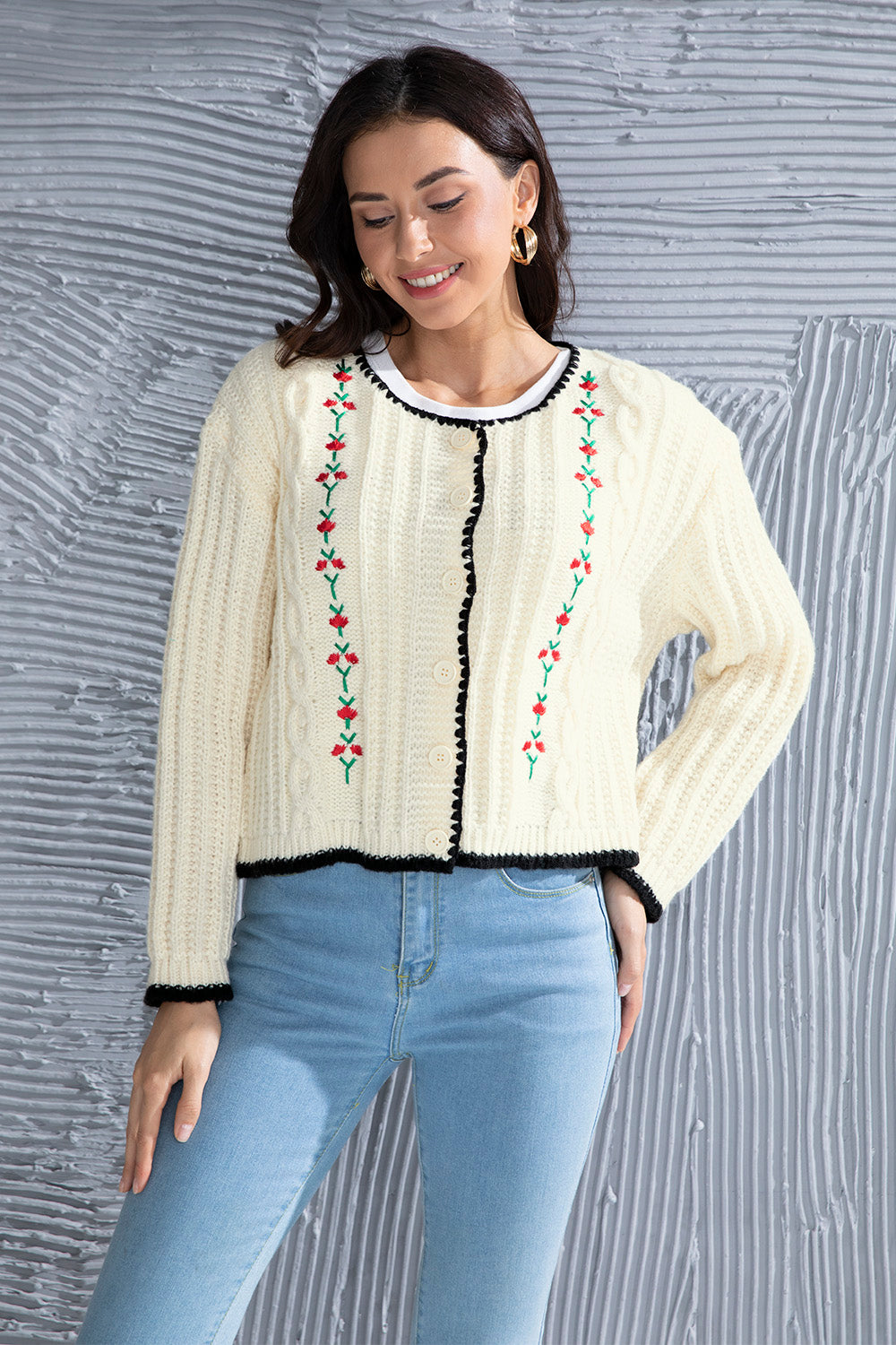 Heidi-Mode | Grafik Kabelstrick Knopfleiste Cardigan
