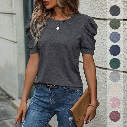 Heidi Mode | Solide Farbe Blase Ärmel T-Shirt Frauen