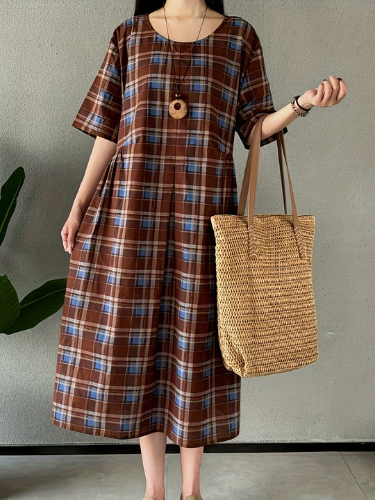 Heidi-Mode | Leinenkleid mit Karos Boho Stil Große Größen, mit Rundhalsausschnitt und Taschen