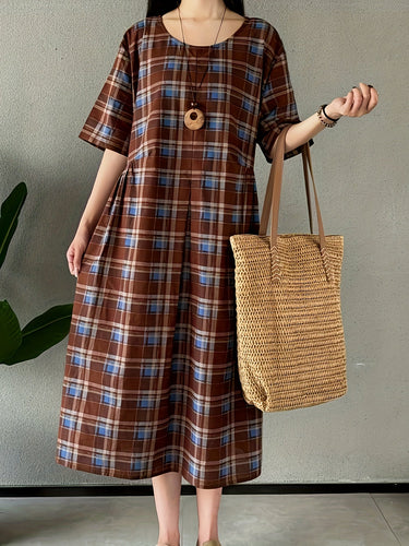 Heidi-Mode | Leinenkleid mit Karos Boho Stil Große Größen, mit Rundhalsausschnitt und Taschen