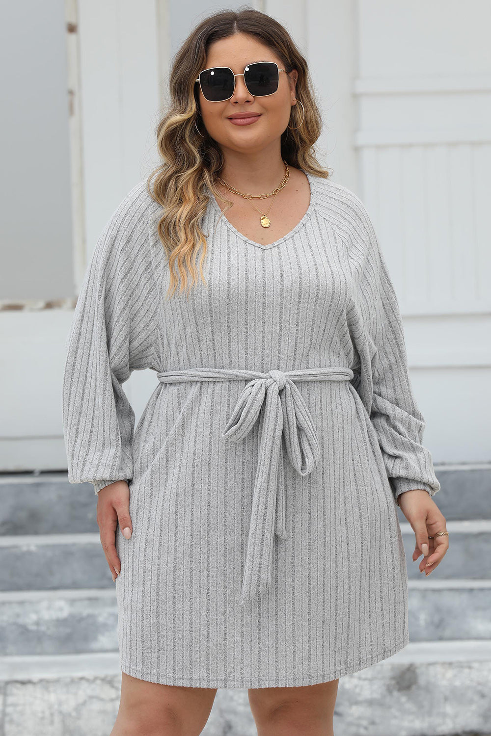 Heidi-Mode | Plus Size Rippstrick Knotenfront Langarm Pullover Kleid