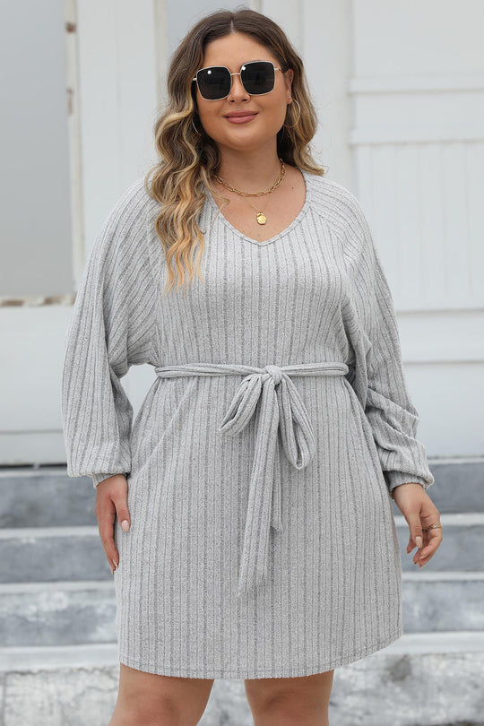 Heidi-Mode | Plus Size Rippstrick Knotenfront Langarm Pullover Kleid
