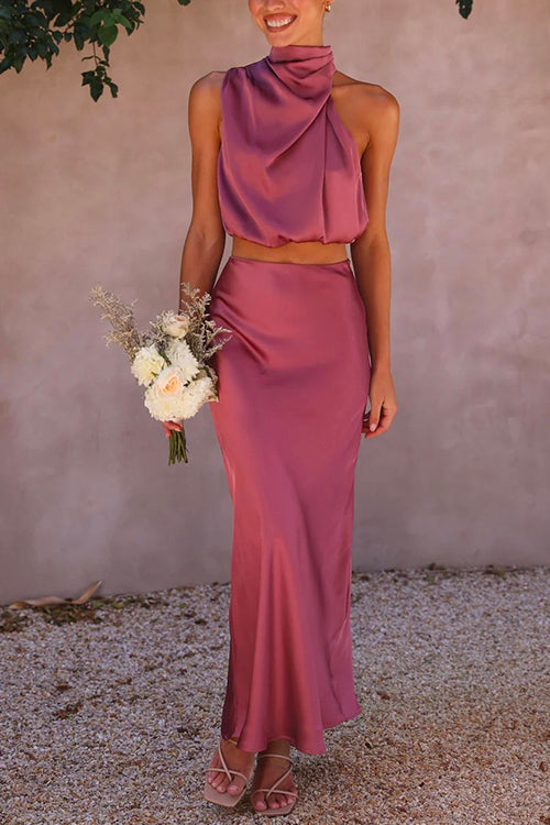 Heidi-Mode | Rollkragen Ärmellos Crop Top Hohe Taille Maxi Rock Satin Set