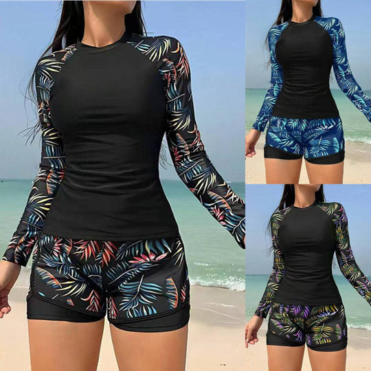 Heidi Mode | Langarm Print Spleißen Doppelhose Tankini Badeanzug
