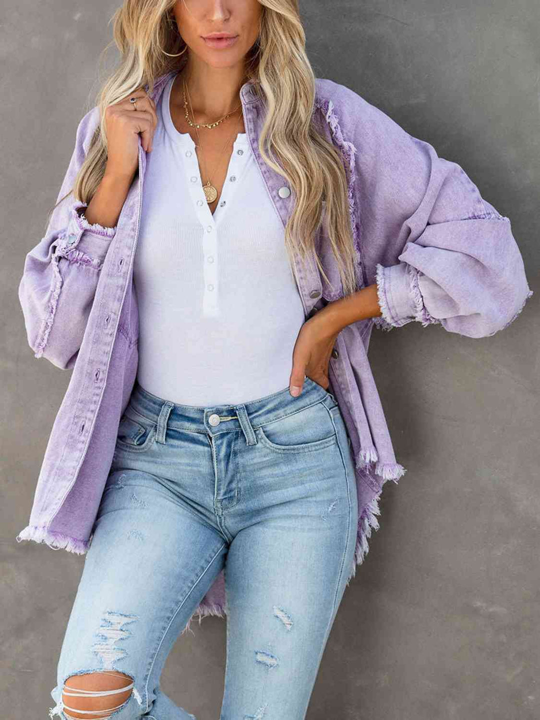 Heidi-Mode | Button Down Raw Hem Denim Jacke
