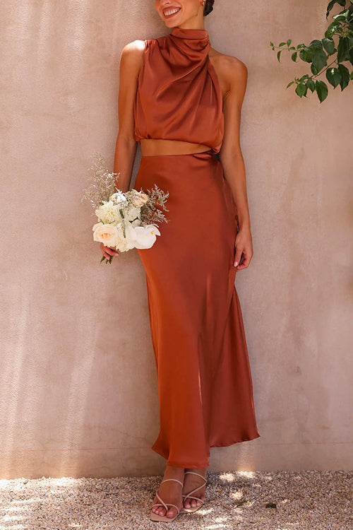 Heidi-Mode | Rollkragen Ärmellos Crop Top Hohe Taille Maxi Rock Satin Set