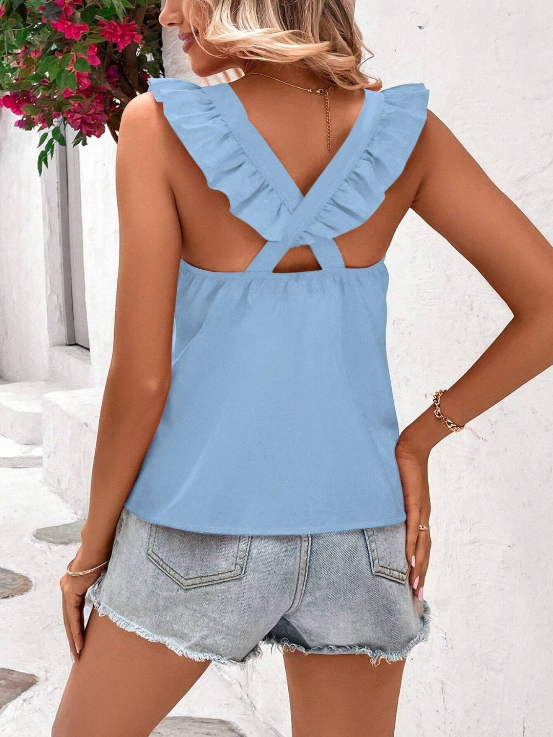 Heidi-Mode | Kreuzgurt Rücken Rüschenausschnitt Kurzarm Bluse