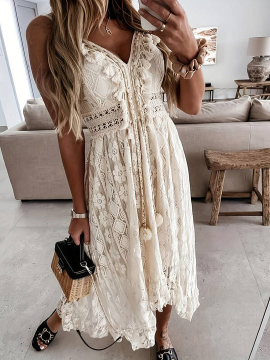 Heidi – boho-maxi-sommerkleid mit spaghettiträgern und v-ausschnitt