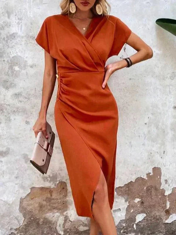 Orangen V-Ausschnitt Midi-Kleid