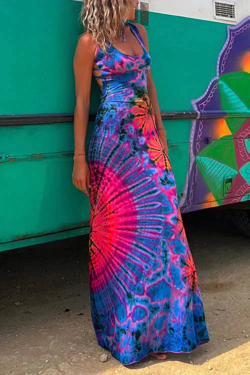 Heidi-Mode | Maxi Kleid mit Kordelzug und Batikdruck