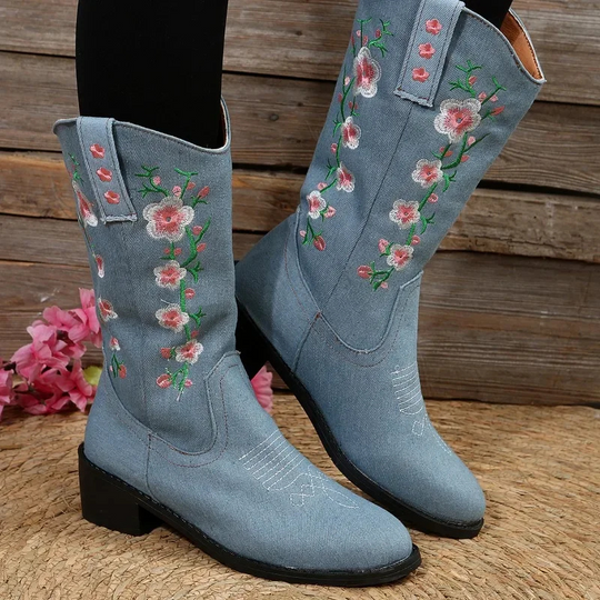 Heidi-Mode | Bestickte Westernstiefel mit Blumen & Mittelhohem Absatz Cowboystiefel Damen