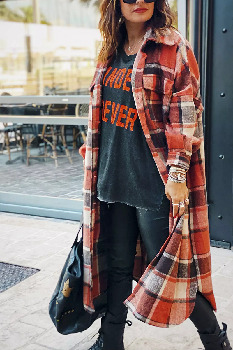 Heidi-Mode | Klappkragen Karoprint Wolle Lange Jacke