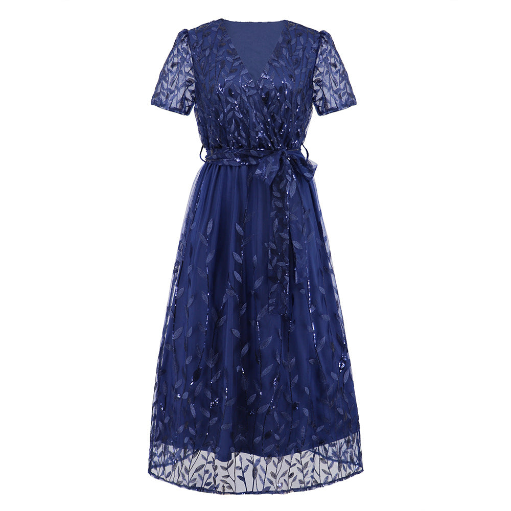 Heidi-Mode | Kurzärmliges Kreuz V-Ausschnitt Gürtel Midi Kleid