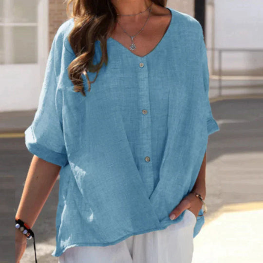 Heidi-Mode | Lockere V-Ausschnitt Knopfleiste Bluse