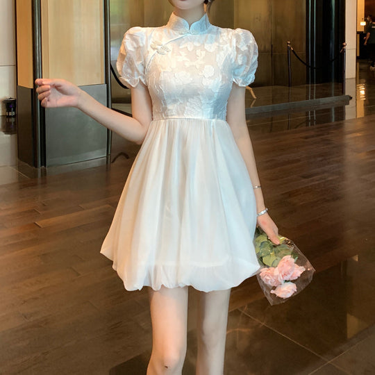 Heidi-Mode | Hoch Tailliertes Puffärmel Jacquard Bud Qipao Kleid
