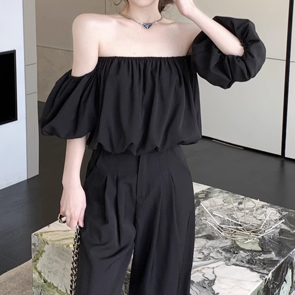 Heidi-Mode | Puffärmel Off Shoulder Top Anzug Breite Hosen Satz