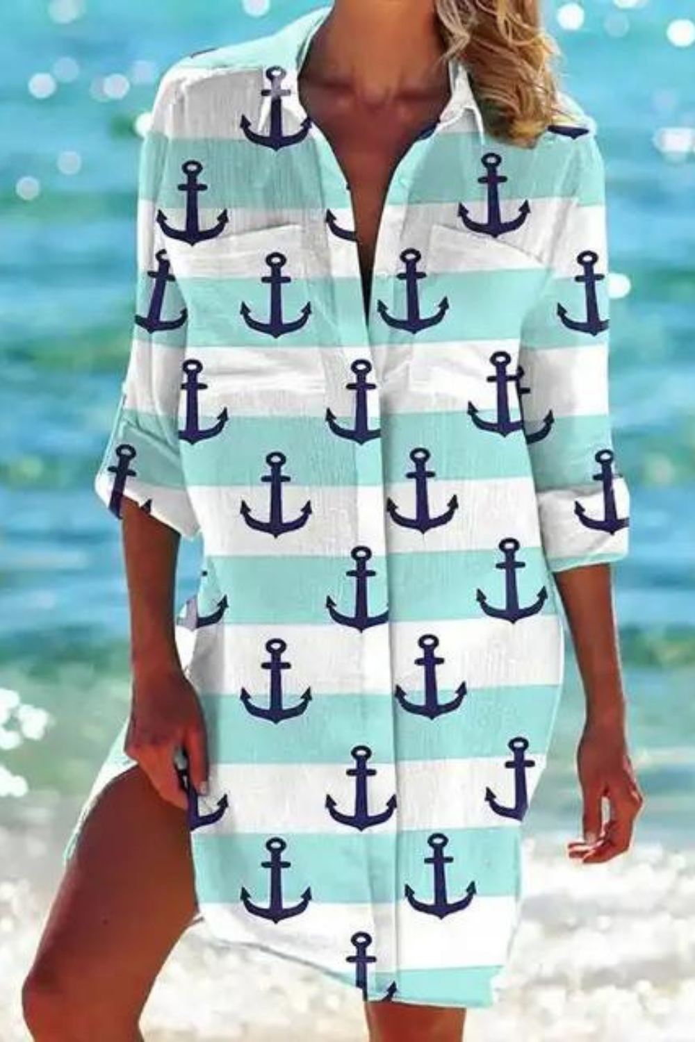 Heidi-Mode - Lange Strandbluse mit Meeresmotiv