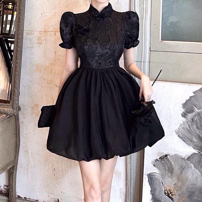 Heidi-Mode | Hoch Tailliertes Puffärmel Jacquard Bud Qipao Kleid