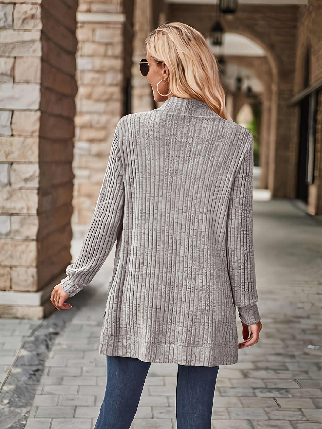 Heidi-Mode | Damen Gerippter Offener Vorderseite Strickjacke Lange Ärmeln Lässig Strickpullover mit Taschen