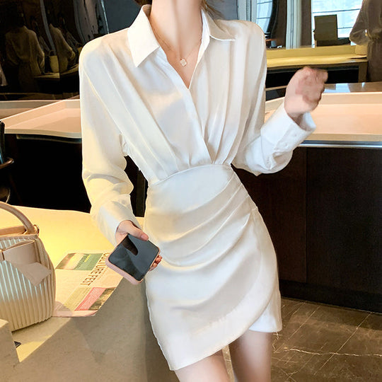 Heidi-Mode | Schlankes Fit Plissiertes Langarm V-Ausschnitt Hemdkleid