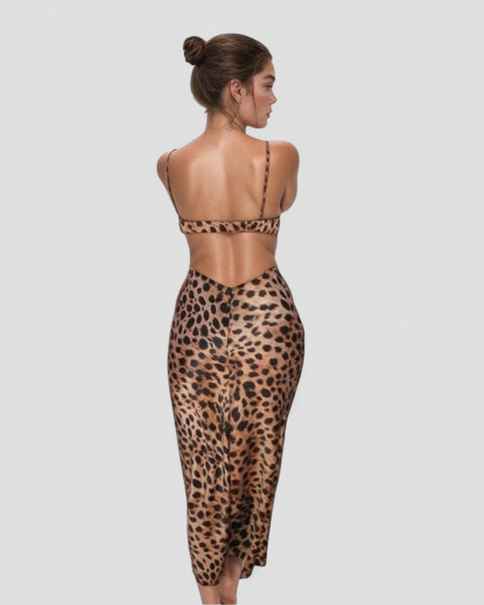 Heidi-Mode | Satin Slip Maxi Kleid Frauen Leopard Print mit Offenem Rücken