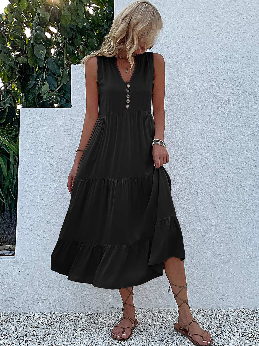 Lässiges, lockeres Midi-Sommerkleid mit Knöpfen für Damen