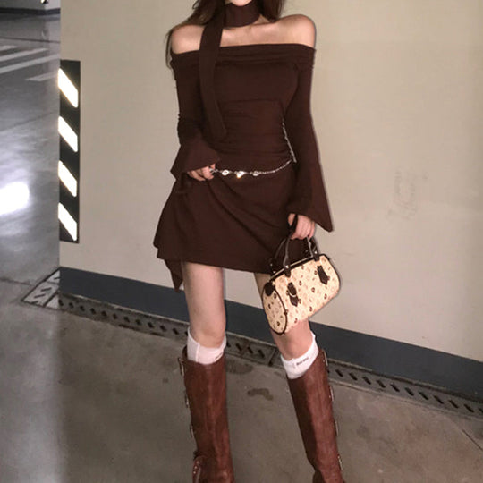 Heidi-Mode | Off Shoulder Trompetenärmel Einfarbig Hip Kleid