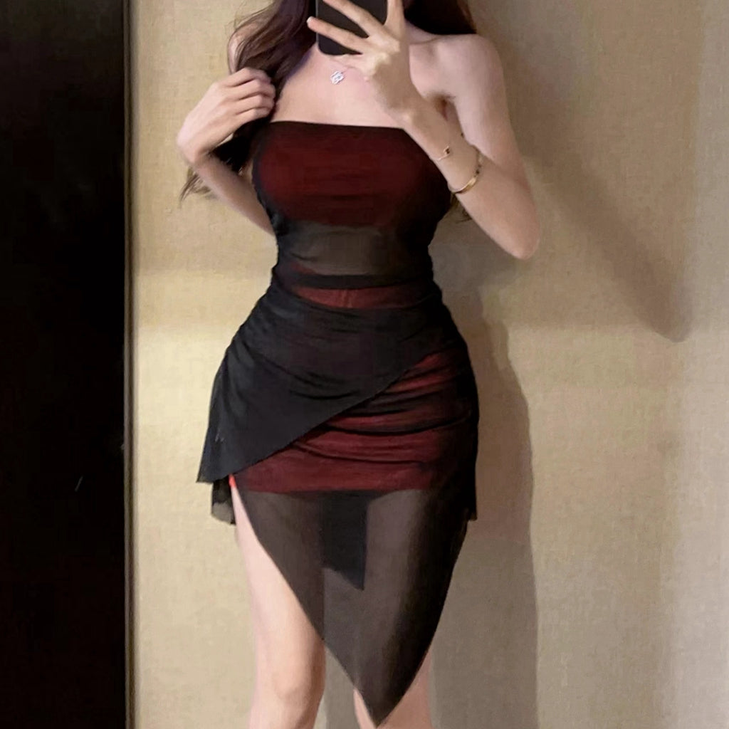 Heidi-Mode | Trägerloses Mesh Hohles Doppel Layer Brust Wickelkleid