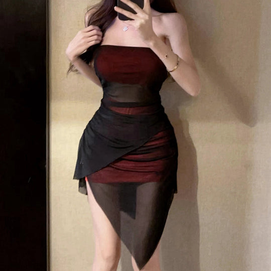 Heidi-Mode | Trägerloses Mesh Hohles Doppel Layer Brust Wickelkleid