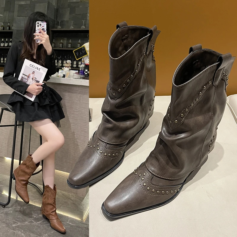 Heidi-Mode | Trendy Western Stiefel mit Nieten und Mittelhohem Absatz Cowboy Stiefel Damen