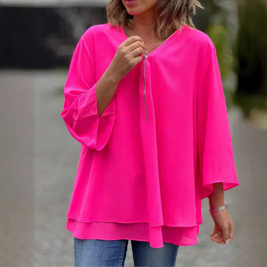 Heidi-Mode | Chiffon Reißverschluss Top mit V-Ausschnitt