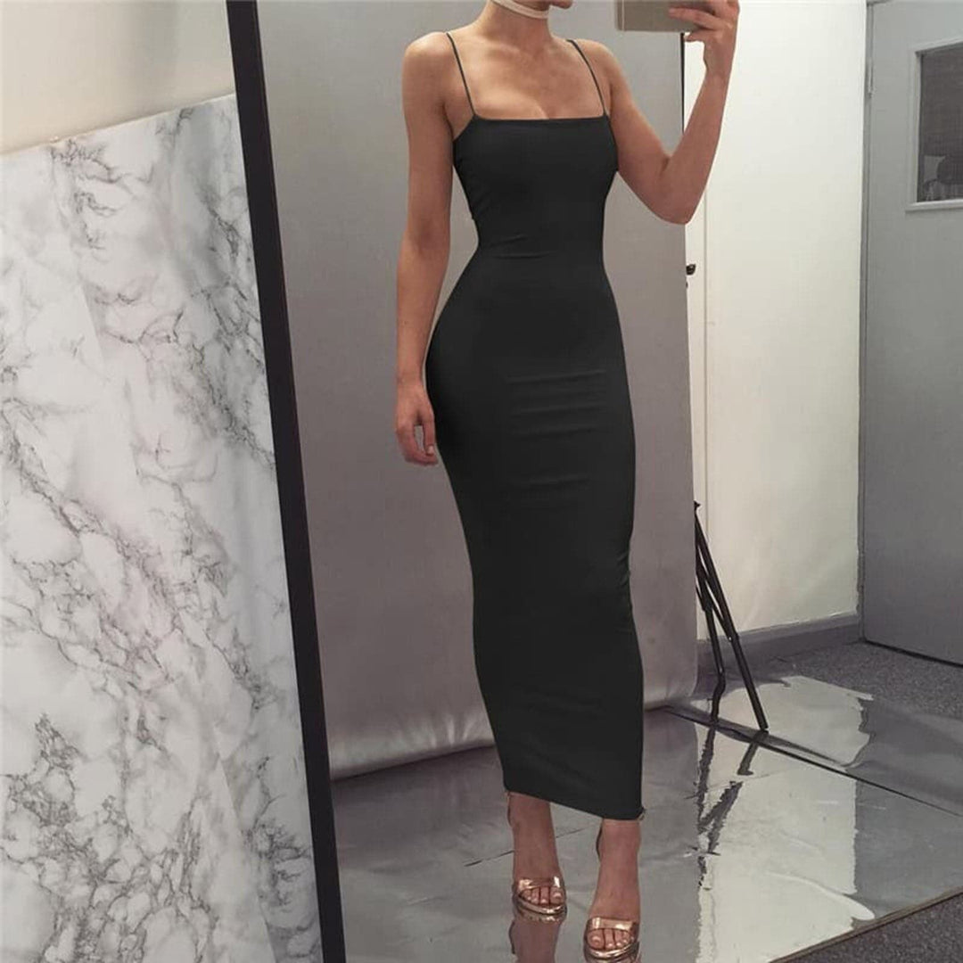 Heidi-Mode | Bodycon Kleid Midi Länge Spaghettiträger Elegant und Figurbetont