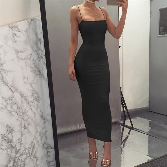 Heidi-Mode | Bodycon Kleid Midi Länge Spaghettiträger Elegant und Figurbetont