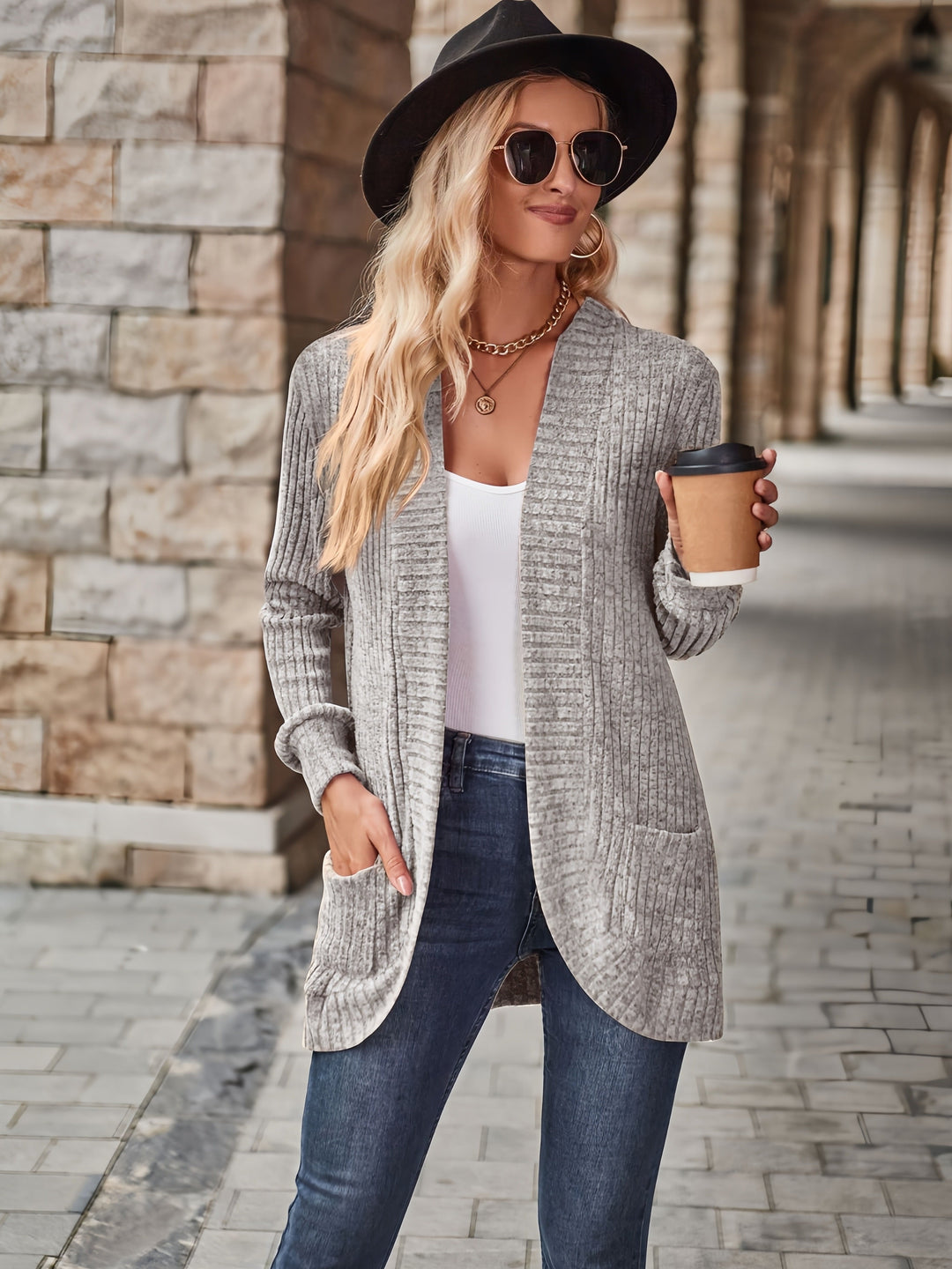 Heidi-Mode | Damen Gerippter Offener Vorderseite Strickjacke Lange Ärmeln Lässig Strickpullover mit Taschen