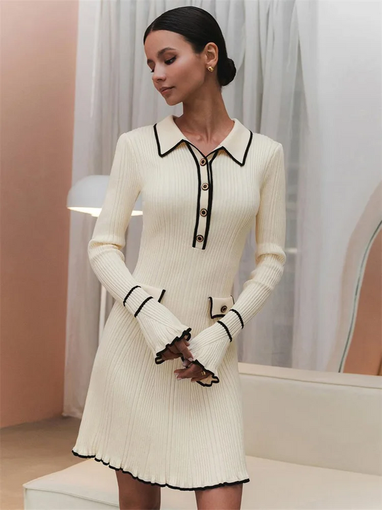 Heidi-Mode | Kleid mit Polokragen und Dekorativen Taschen Gerippter Strick Damen