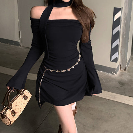 Heidi-Mode | Off Shoulder Trompetenärmel Einfarbig Hip Kleid