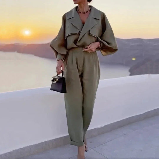 Heidi-Mode | Damen Blaue Jacke mit Langen Ärmeln und Langen Hosen, Modischer Revers