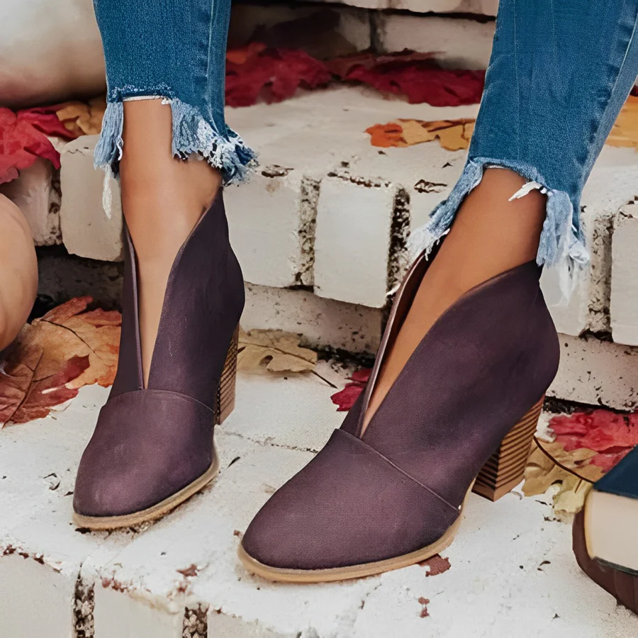 Heidi-Mode | Damen Hohe Ferse Ankle Boots, V-form Öffnung, Slipper, Chic und Elegant