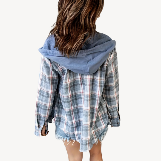 Heidi-Mode | Damen Karierte Button-Down Hemdjacke mit Kapuze