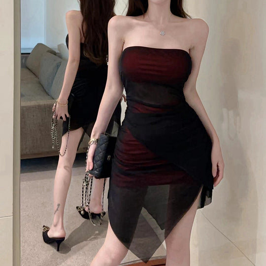 Heidi-Mode | Trägerloses Mesh Hohles Doppel Layer Brust Wickelkleid