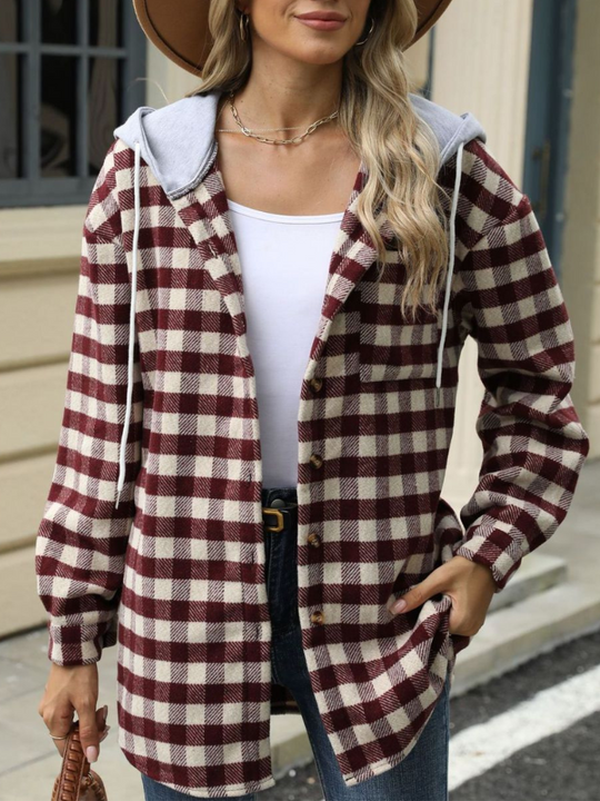 Heidi-Mode | Damen Kariert Jacke Mantel mit Kordelzug und Kapuze