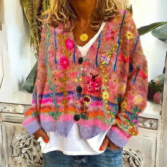 Heidi-Mode | Damen Knopf Blumen Cardigan aus Daunen Warm