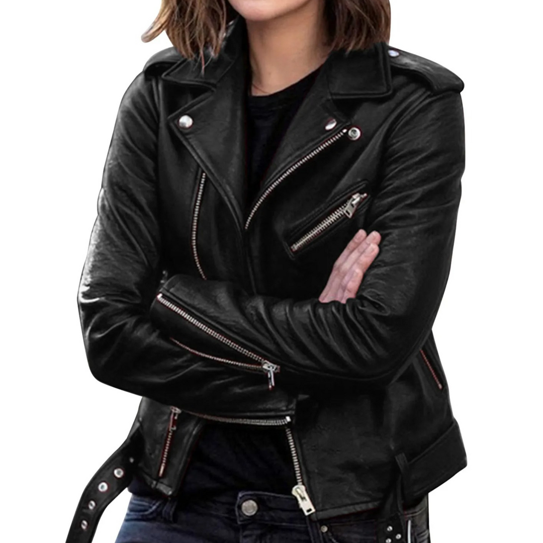 Heidi-Mode | Lederjacke Damen Biker Modell mit Gürtel und Reißverschlussdetails