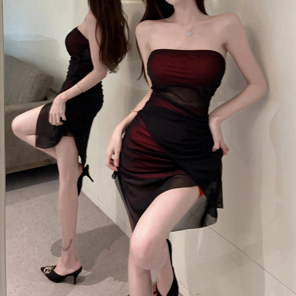 Heidi-Mode | Trägerloses Mesh Hohles Doppel Layer Brust Wickelkleid