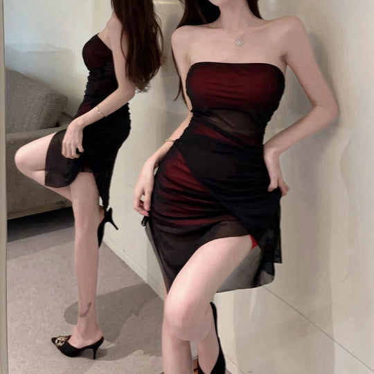 Heidi-Mode | Trägerloses Mesh Hohles Doppel Layer Brust Wickelkleid